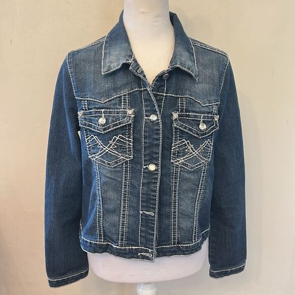 Earl Jeans Classic Blue Denim Jacket with faux diamond buttons Size M EUC - Picture 2 of 8